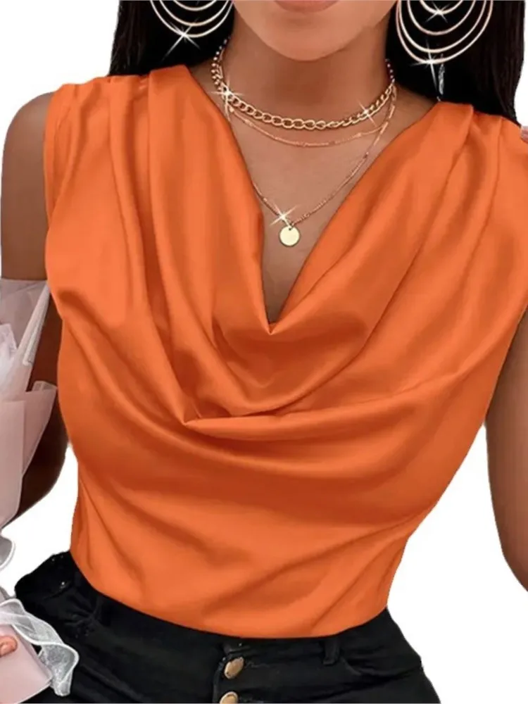 봄 여름 여성 의류 새로운 패션 던지기 칼라 조끼 새틴 탑 여성 슬림 맞는 섹시한 민소매 티셔츠