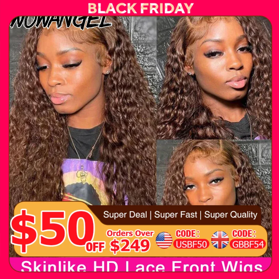 250% Chocolate Brown 13x6 HD Lace Front Human Hair Wigs 13x4 Full Frontal Water Wave Wig PrePlucked Undetectable Lace Curly Hair