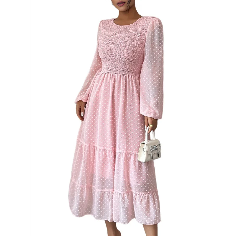 ABRT-robes d'automne pour femmes, manches longues, col rond, taille à pois, en mousseline de soie, à volants, smockés, robes mi-longues rose S