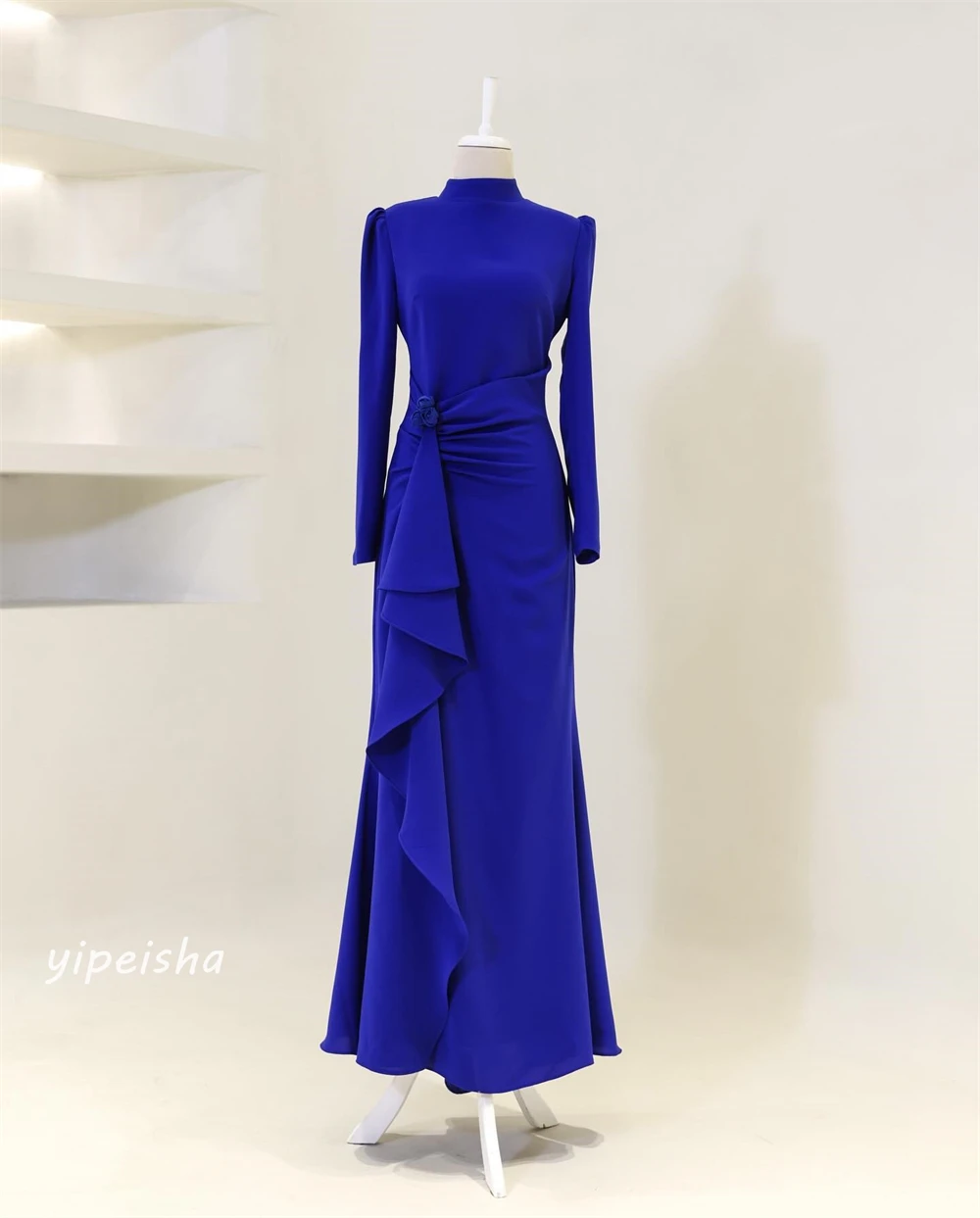 Jersey Flower Ruched Christmas A-line High Collar Bespoke Occasion Gown Midi Dresses