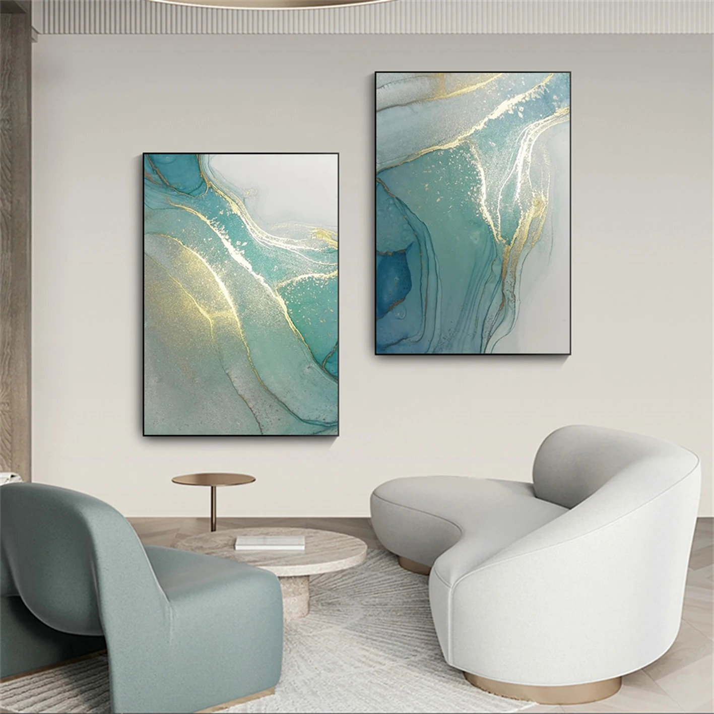 Modern Luxury Marble Abstract Wall Art Set Teal Blue Gold Fluid Agate Canvas Prints Swirl Texture Posters Living Room Home Decor
