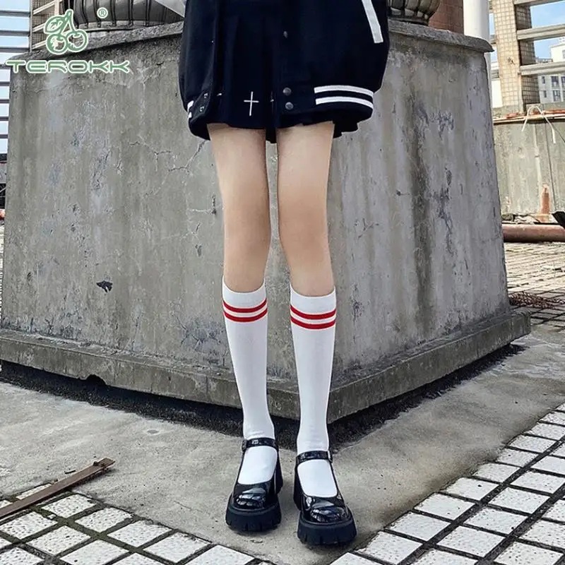 Japanese Style Women Solid Color Striped Cotton Calf Socks Female Casual High Tube Socks Warm Long Knee High Socks JK Socks New