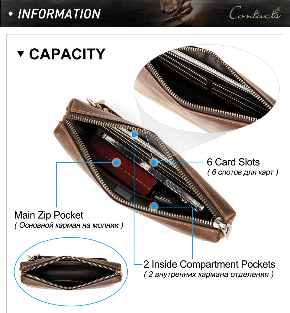 CONTACT'S Vintage Herren Clutch Bag RFID Echtes Leder Clutch Wallet Bag Casual Lange Geldbörse Große Kapazität Reisehandtasche Männlich – Detail 5