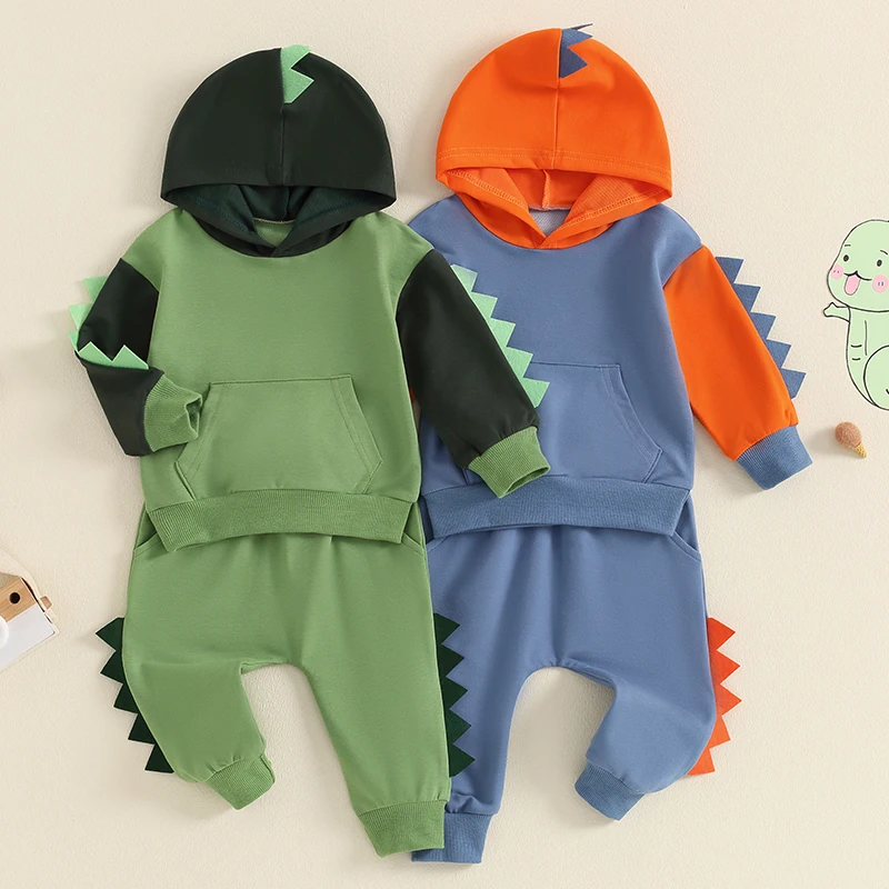 2024-05-27 Lioraitiin Toddler Boy Dinosaur Outfits, Contrast Color Long Sleeve Hoodie Elastic Waist Pants 2 Piece Set for Fall