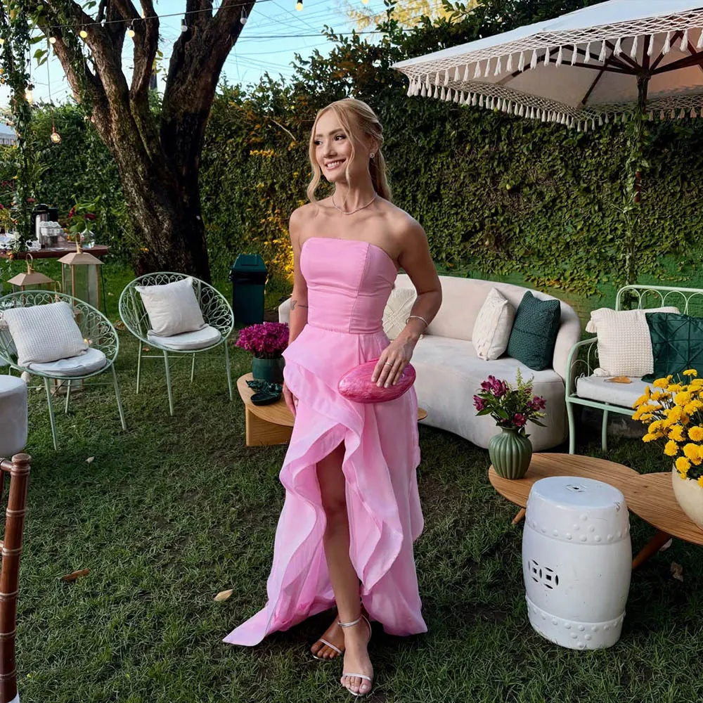 Msikoods Customized Pink Strapless Prom Dress Ruffles High Low Slit A Line Homecoming Party Dress Elegant Formal Evening Gown