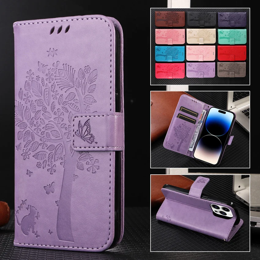 Retro Tree Case For Realme 5 6i 6 7 7i 8 8i 9 9i 10 11 Pro Plus 5G Wallet Card Slot Leather Phone Cover Housing