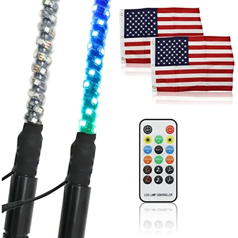 4 Feet (about 1.2 Meters) Led Whip Light with Flagpole Remote Control 360 ° Spiral Led RGB Warning Luminous Antenna Whip Light