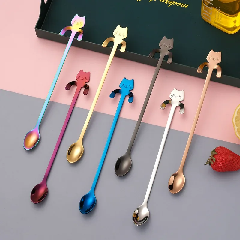 New Portable Cartoon Cat Handle Stainless Steel Coffee Tea Hanging Spoon Kitchen Supplies for Coffee Tea Ice Cream Sundae