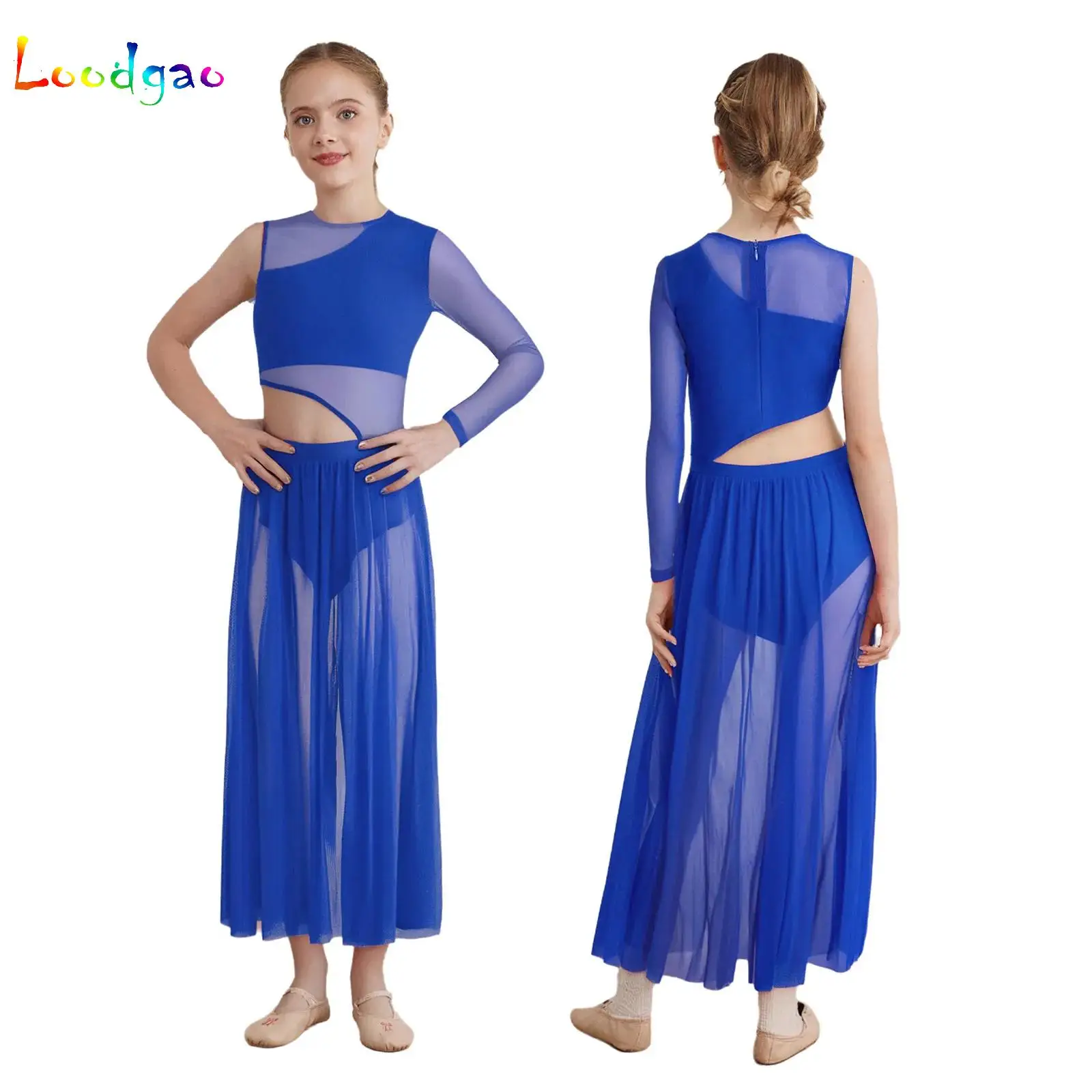 

Kid Girls Lyrical Dance Modern Contemporary Maxi Dress Cutout Sheer Mesh Asymmetrical Ballet Skirt Dancewear Performance Costume