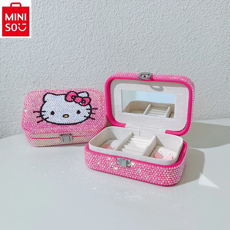 MINISO 2024 Fashion New High Quality Diamond Stick Hello Kitty Cute Jewelry Bag Women\'s Sweet Multi functional Storage Box