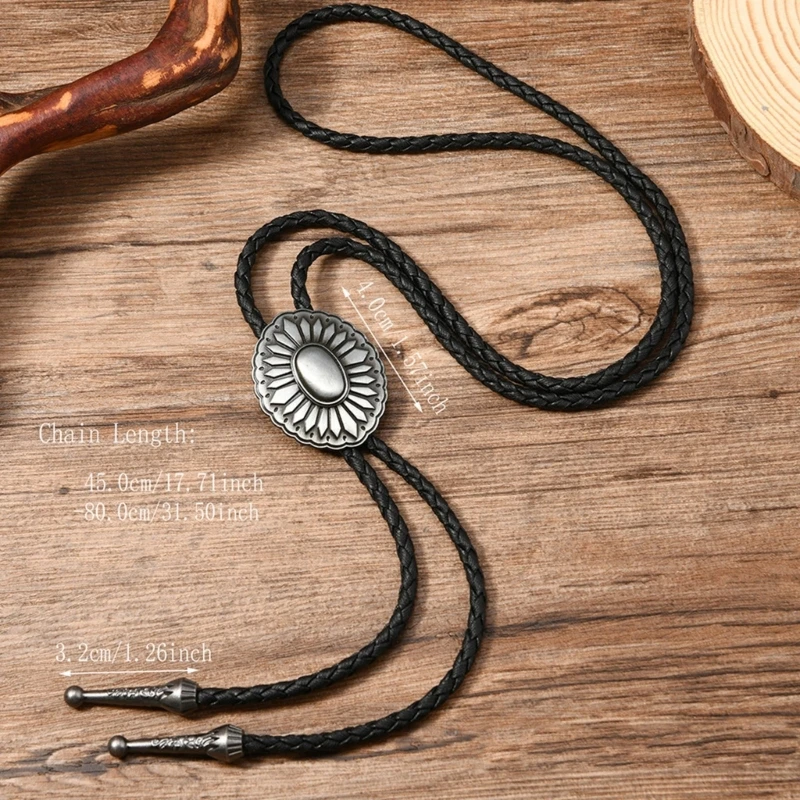 Western Cowboy Braided Leather Cord Bolo Tie Necktie with Metal Flower Charm for Rodeos Outfit Adjustable Chain Necklace