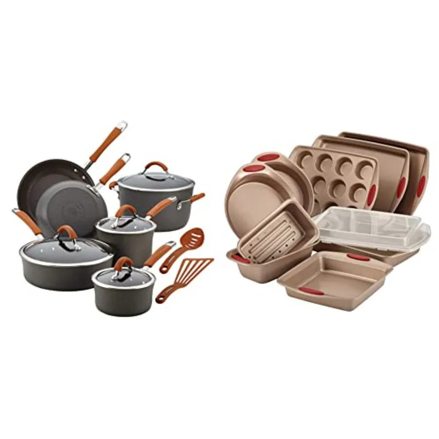 

Набор посуды с твердым анодированным антипригарным покрытием, 12 предметов серого цвета, с оранжевыми ручками и 10-компонентным набором форм для выпечки с антипригарным покрытием латте-коричневого цвета с C