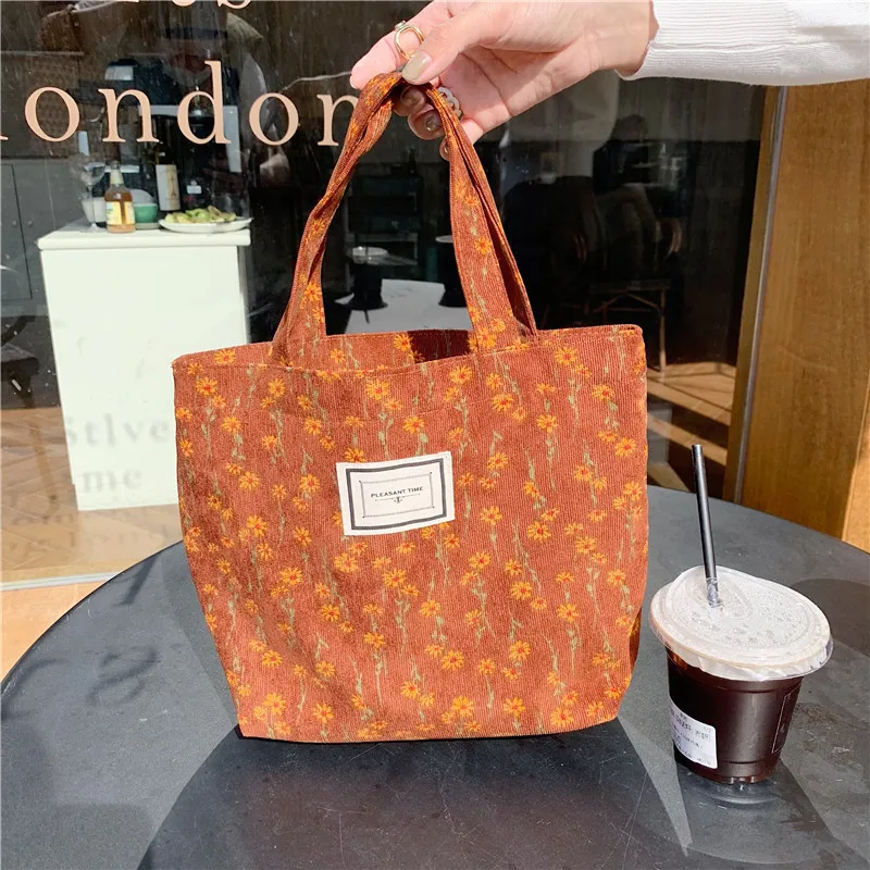 Vintage Women Corduroy Flower Handbag Cloth Bag hand carry bento bag Lady Casual Tote Bag Simple versatile bag