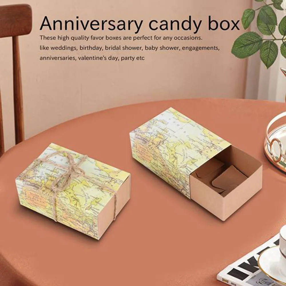 25 Pcs/lot World Map Cuboid Wedding Paper Favor Candy Boxes Gift Boxes with String Wedding Birthday Party supply For Christmas