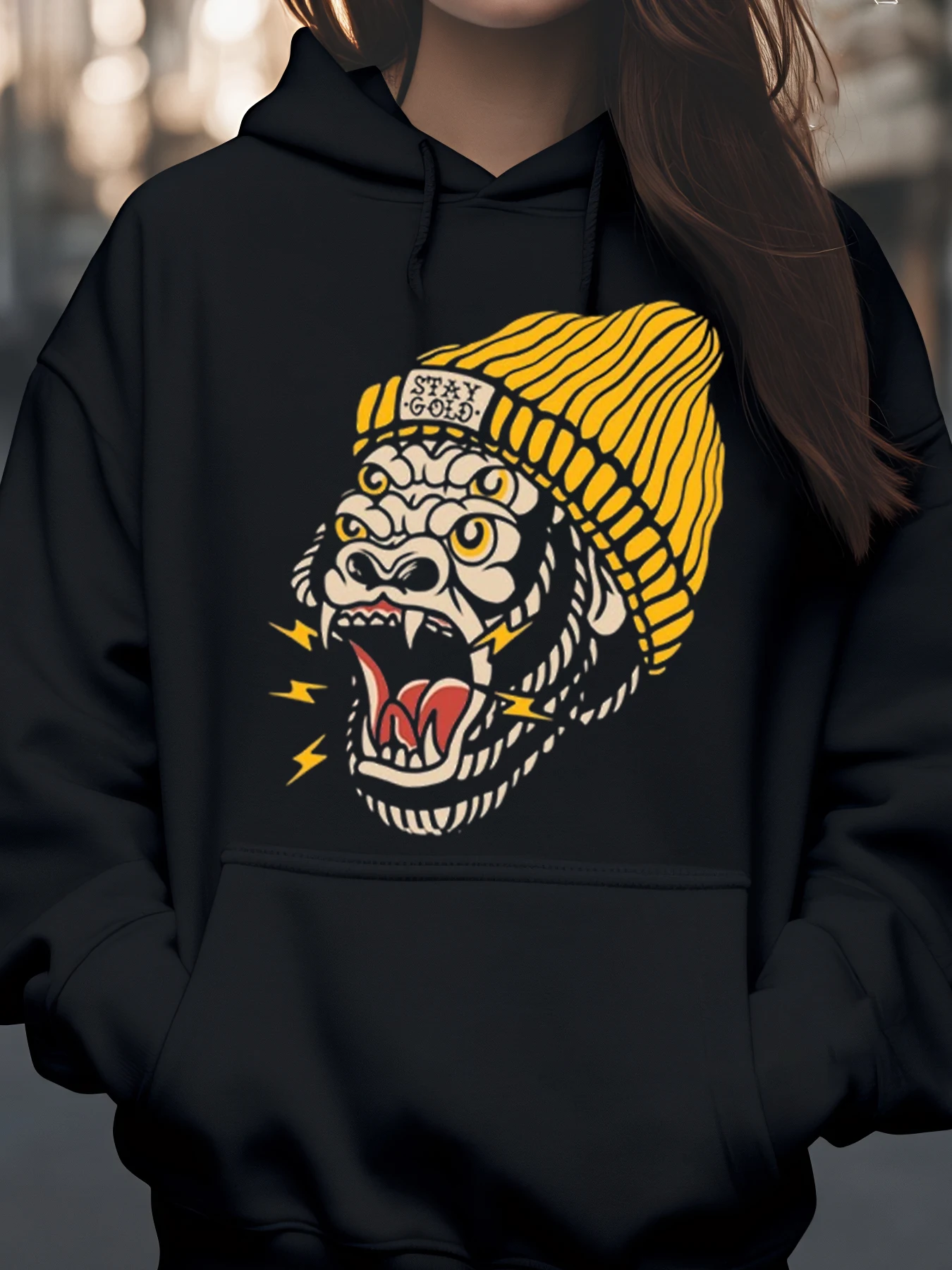 رأس النمر مع قبعة صغيرة صفراء مطبوعة للعطلات، ملابس كاجوال للرجال والنساء