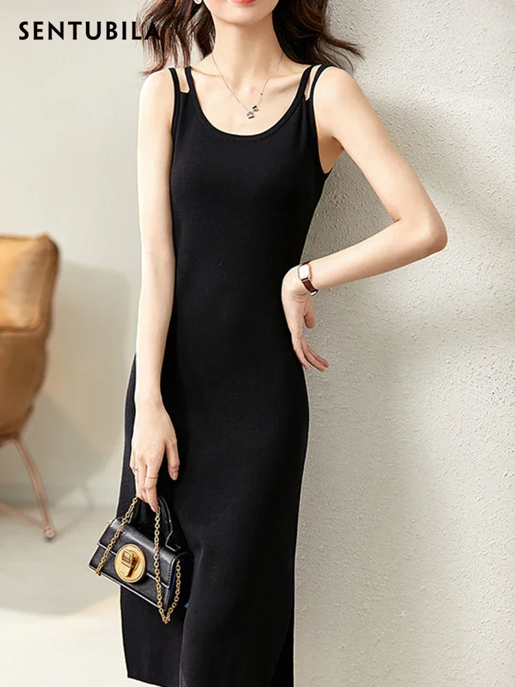 

SENTUBILA Basics Knitted Dress for Women 2025 Spring Sexy Side Split Sundress Simple Sweater Tank Dress Womans Clothes W23L43215
