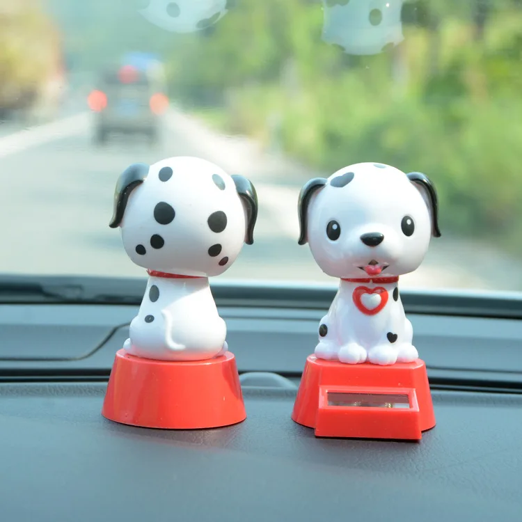 Cute Swinging Spotted Dog Solar Car Ornament Funny Cartoon Love Dog Ornament Car Interior Decoration Desktop Swinging Doll