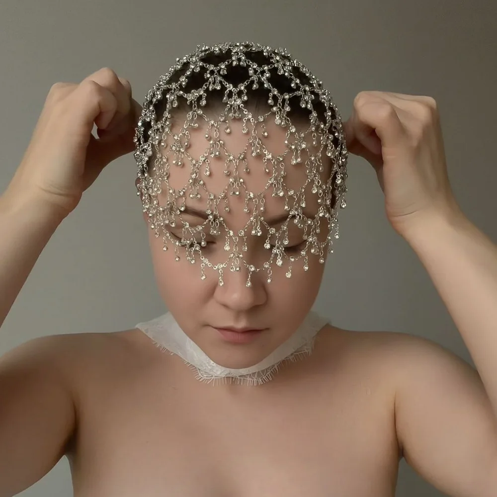 

Fashion Round Crystal Mesh Forehead Headband Wedding for Women Handmade Bridal Hollow Rhinestone Hair Chain Hat Boho Accessories