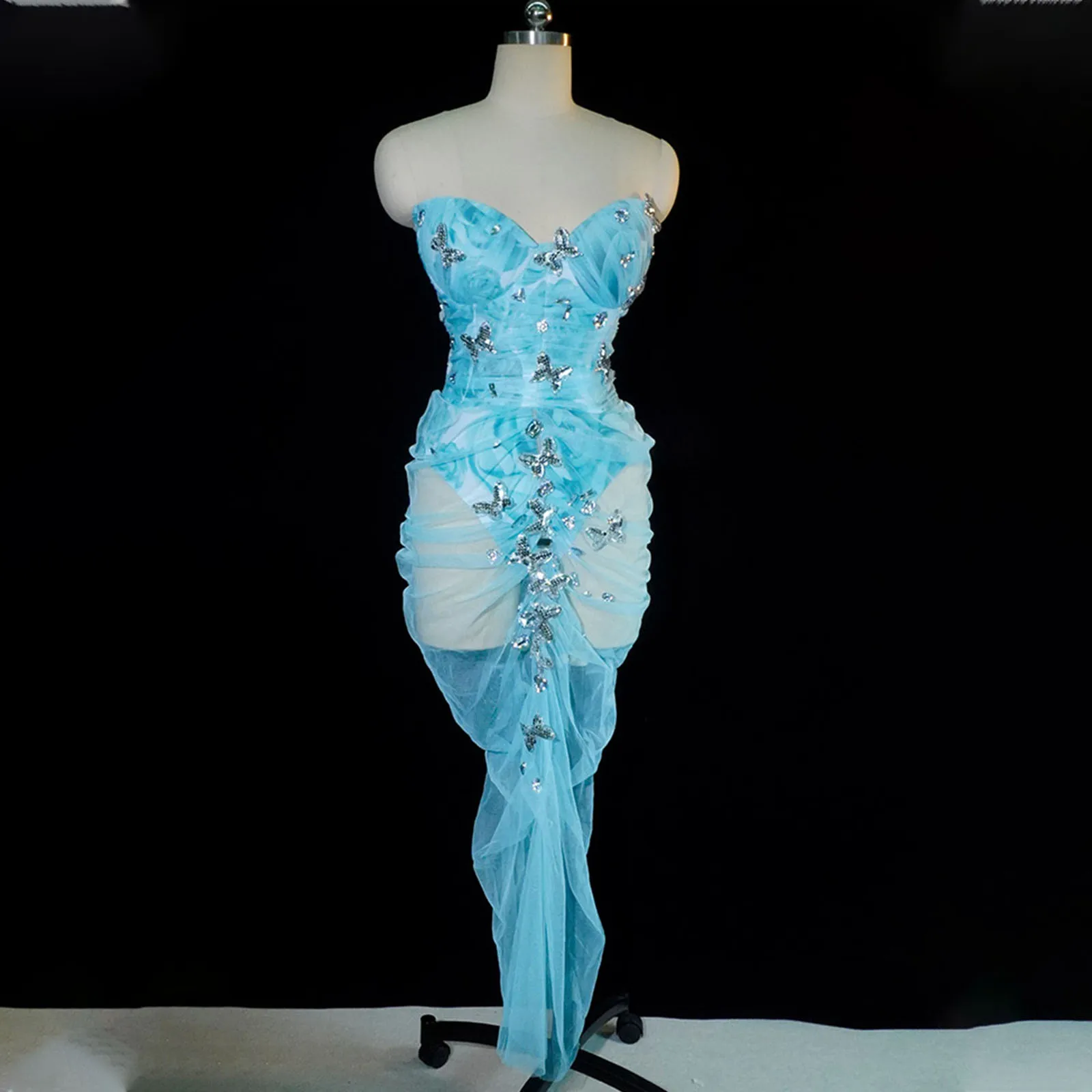 

fashion butterfly sequin dress 2 piece sexy Top skirt pink blue birthday party club performance singer stage drag queen costumes