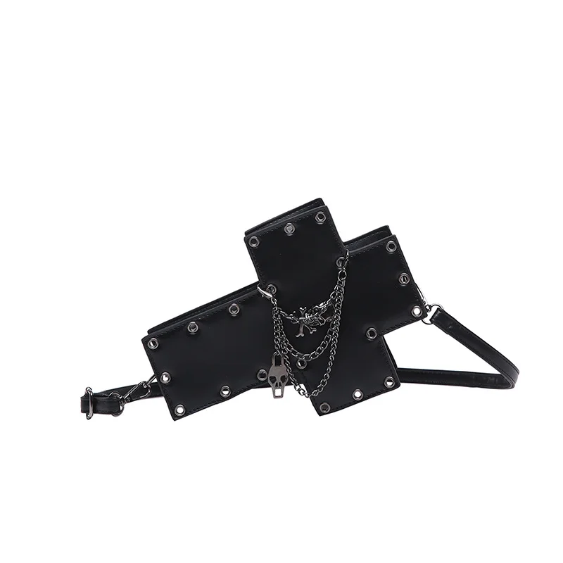

Subculture Girls Chian Handbag Women's Personalized Cross Shape Shoulder Bag Gothic Ladies Black Skull Riveted Crossbody Bag
