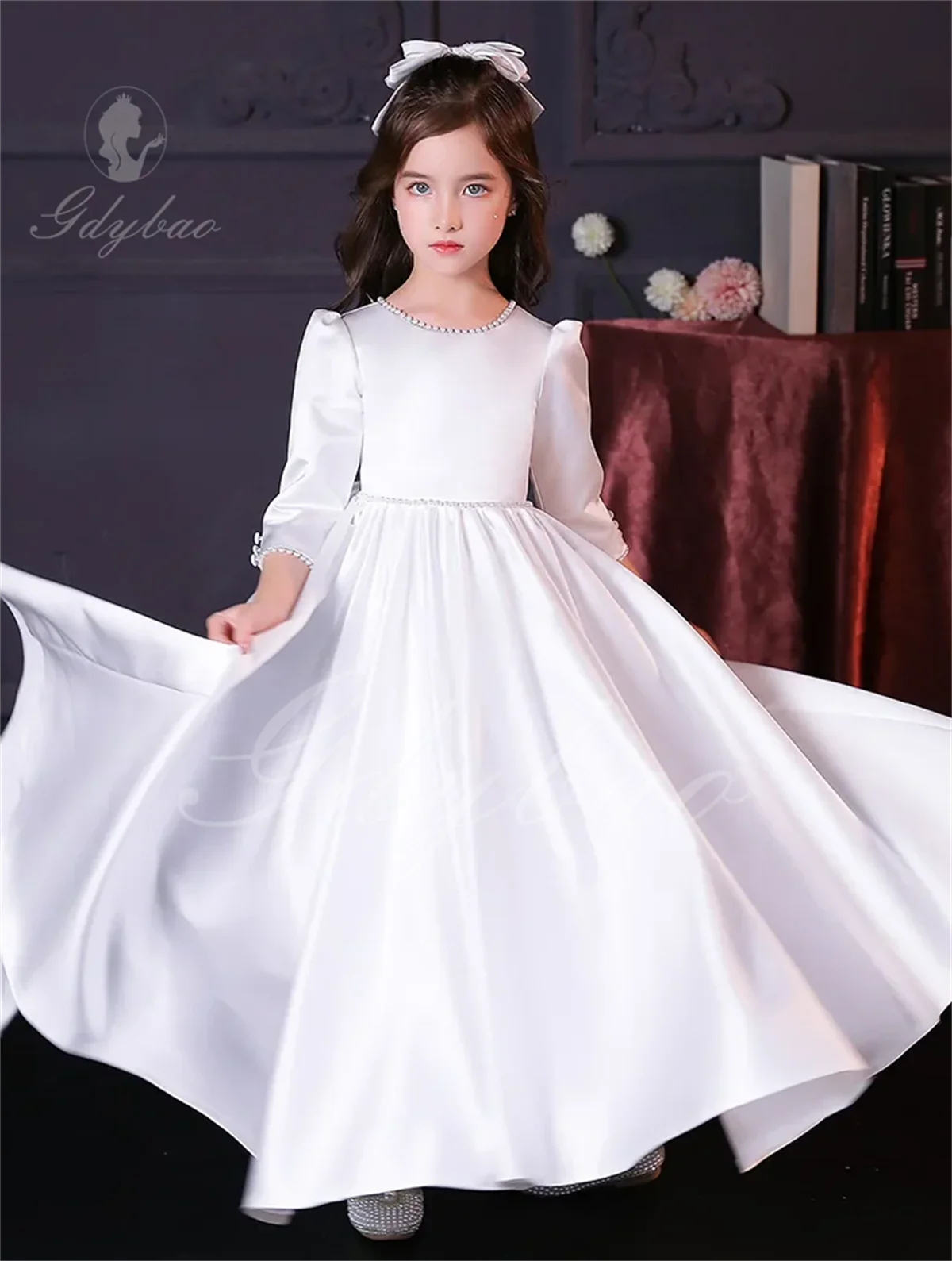 Vestido de satén blanco impresionante para niña de flores, apliques florales, vestidos de desfile para niños, vestido de fiesta de cumpleaños de