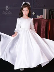 Vestido de satén blanco impresionante para niña de flores, apliques florales, vestidos de desfile para niños, vestido de fiesta de cumpleaños de princesa