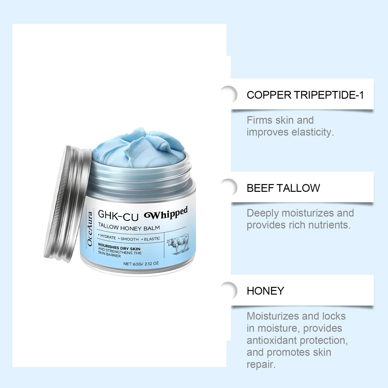 Copper Peptides GHK-Cu Beef Tallow for Skin Blue Balm Manuka Honey Face and Body Moisturizer for Mature Dry & Sensitive Skin