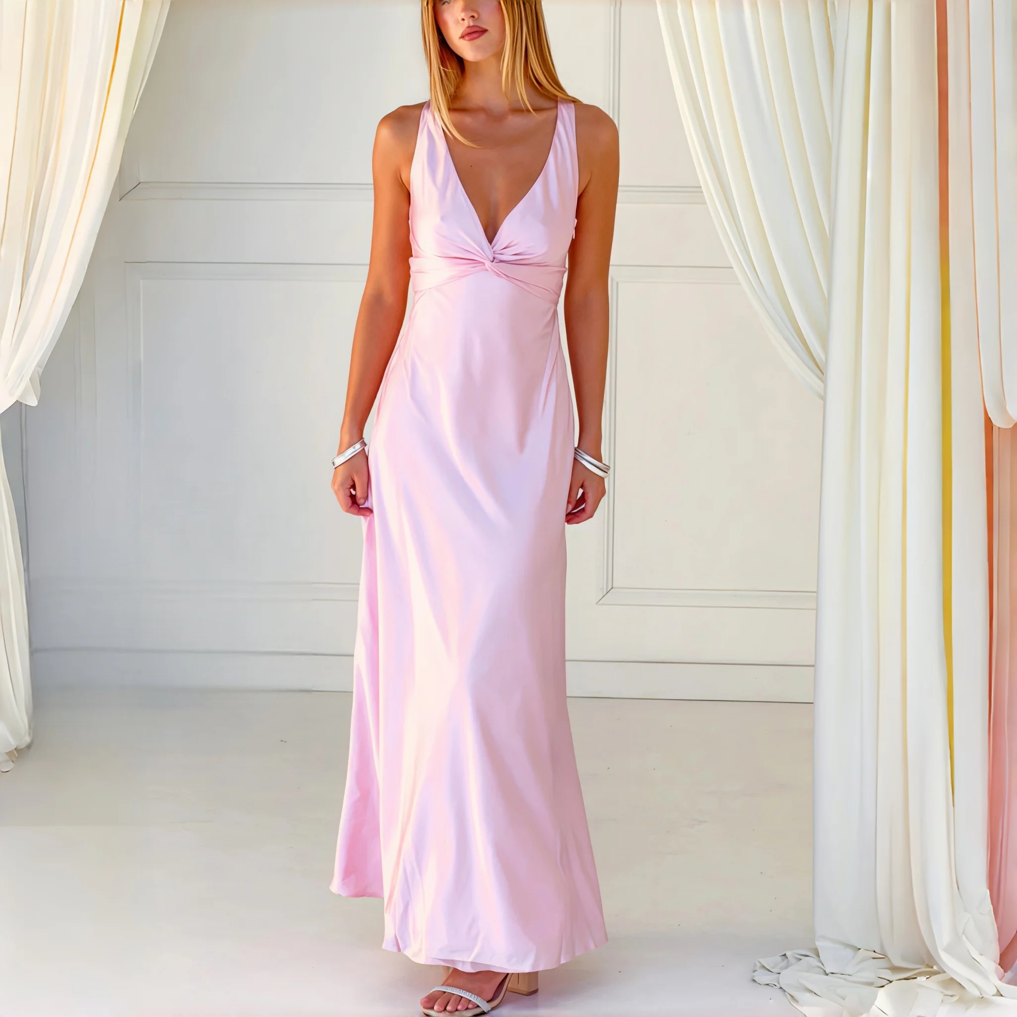 Blush Pink Satin Sleeveless Maxi Dress Deep V Neck Twist Knot Front Open Back Bow Tie Bridesmaid Wedding Party Evening Gown