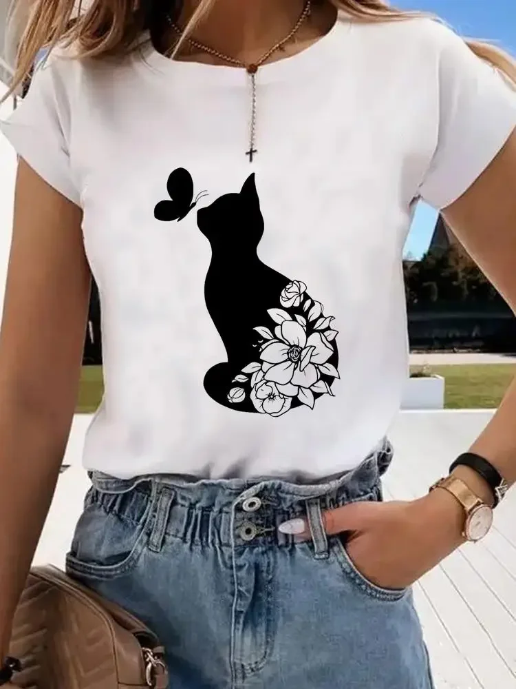Camiseta feminina com manga curta, gato animal, roupa estilo adorável, camiseta feminina, camiseta gráfica para senhora, moda primavera e verão