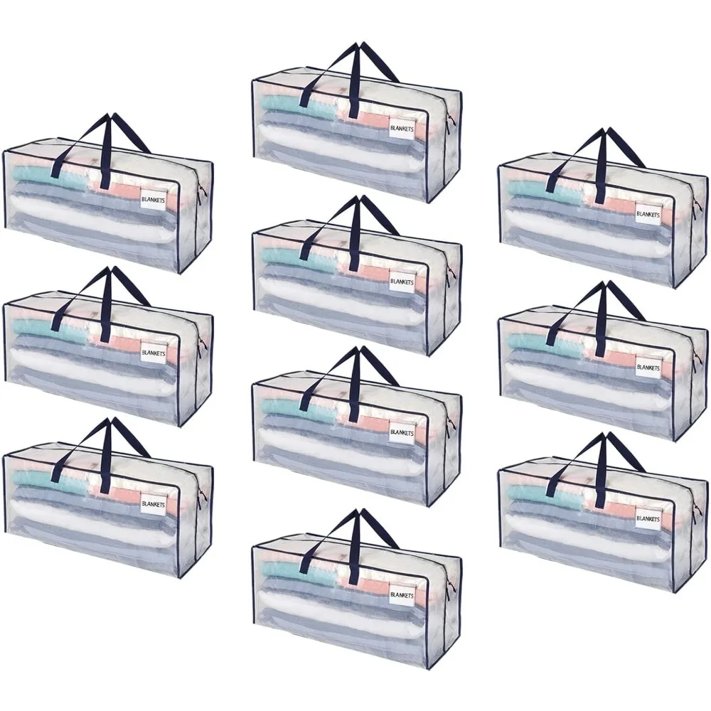 

10 Pack Moving Bags w/Backpack Straps, for Dorm Room Essentials with Zipper for Clothes (Clear, 10 Pack)Foldable Storage Bags