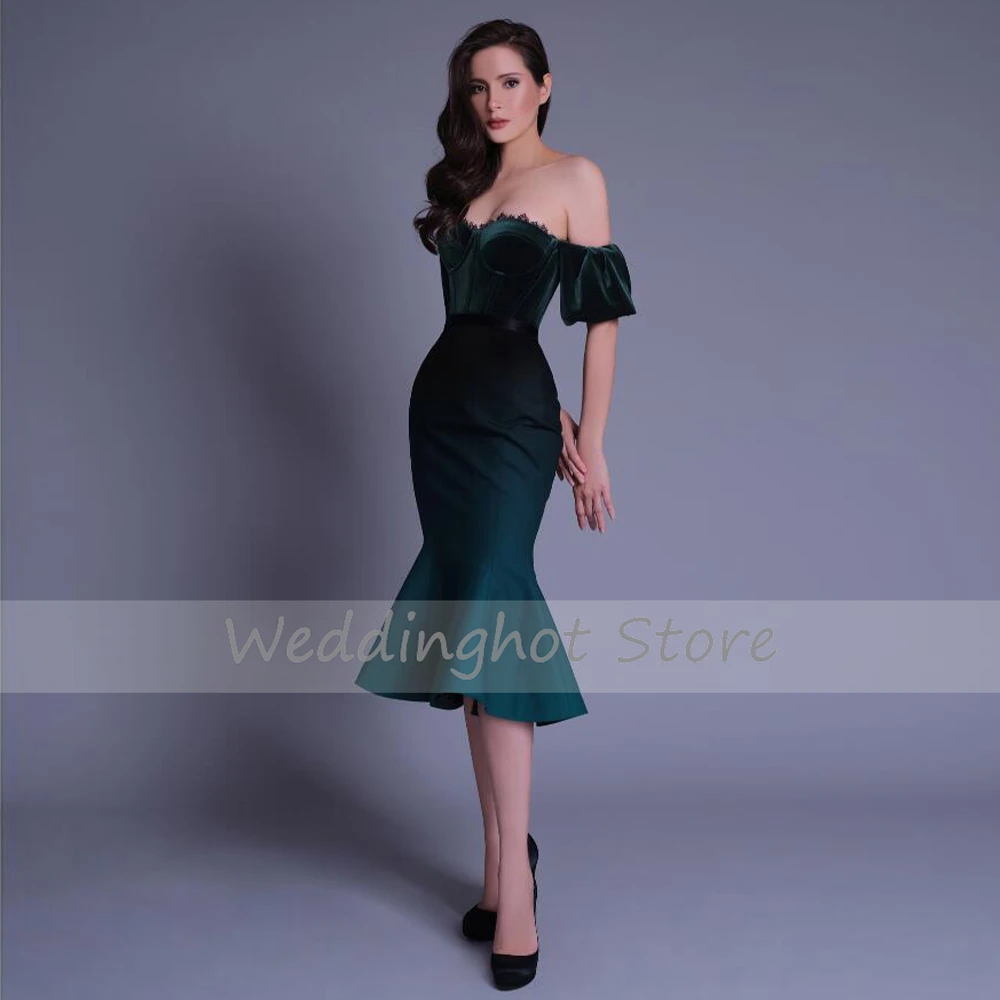 Mermaid Cocktail Dresses for Women Green Velvet Off the Shoulder Short Evening Party Dress Midi Short Puff Sleeves Cocktail Gown