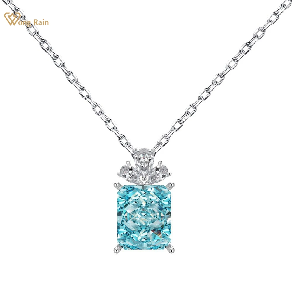 

Wong Rain 100% 925 Sterling Silver 10*12 MM Crushed Ice Cut Lab Sapphire Aquamarine Gemstone Pendant Necklace Fine Jewelry Gifts