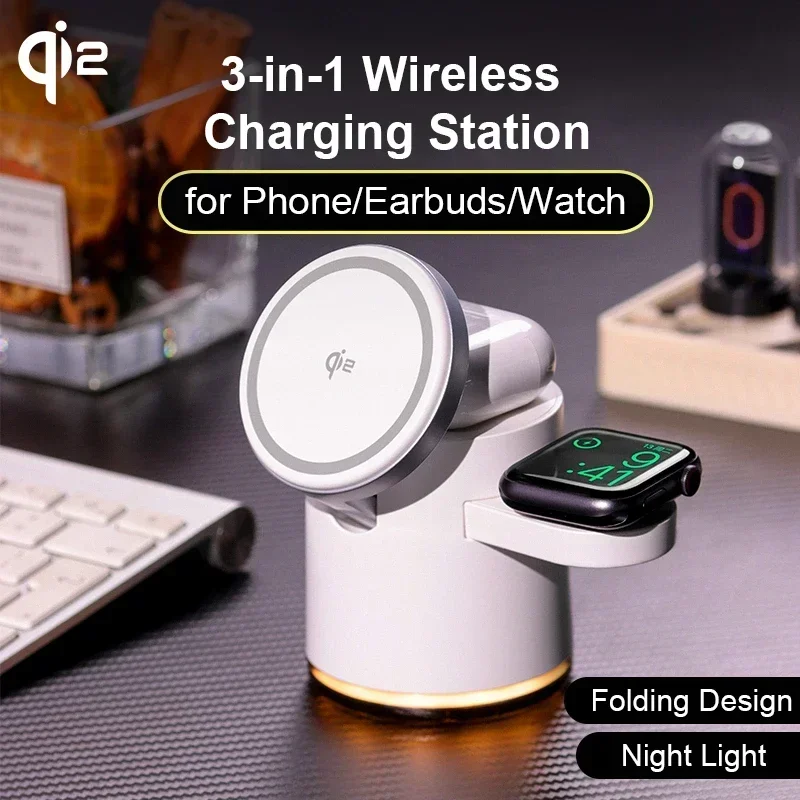 4 in 1 QI2 Wireless Charger Fast Charging Dock Stand Night Light For Magsafe iPhone 16 15 14 Pro Max Airpods Pro 2-8 Apple Watch