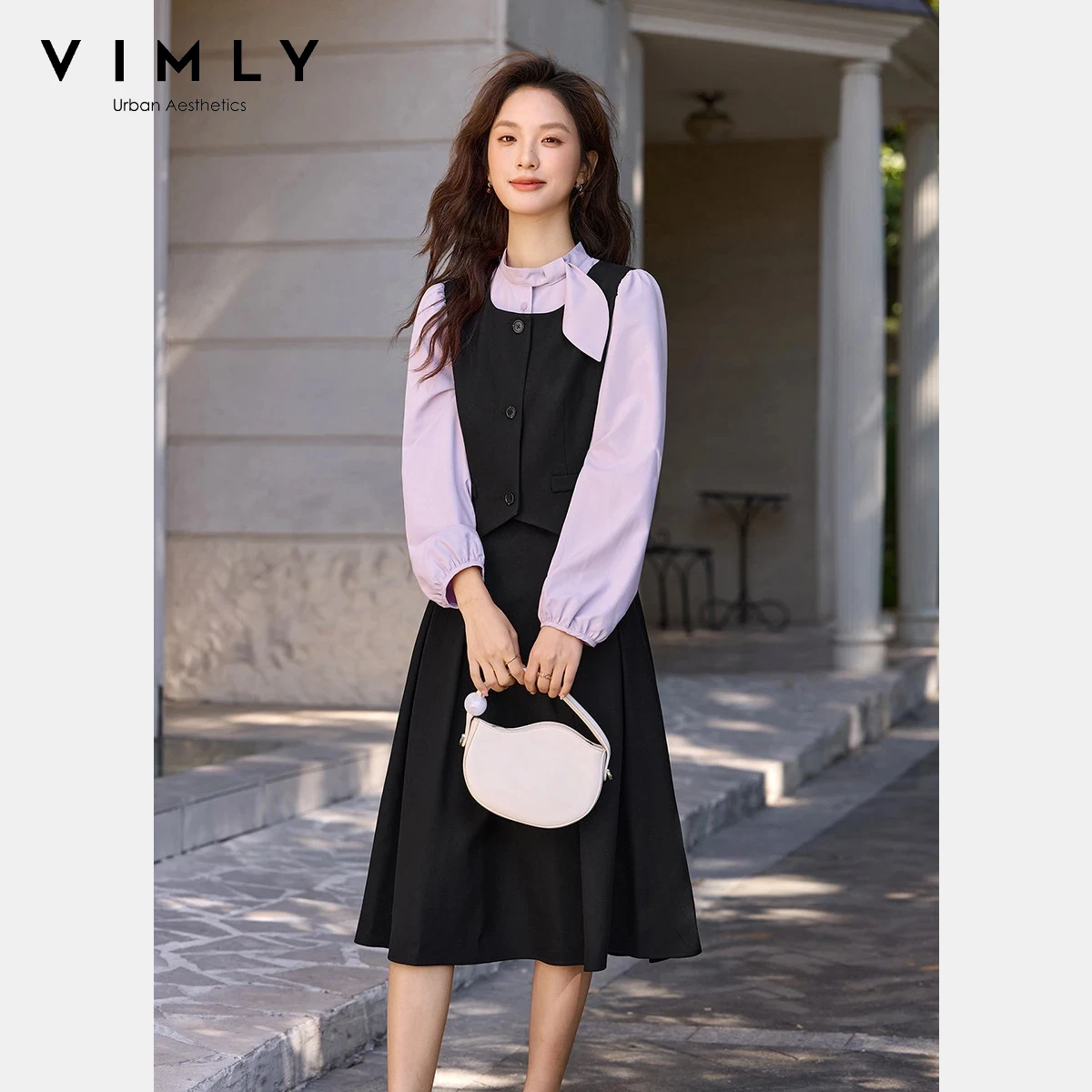 

Платье VIMLY женское, с контрастными вставками, повседневное, с пышными рукавами, длинное, весна 2026, элегантное, в стиле пэчворк, с воротником-стойкой, модель A3751