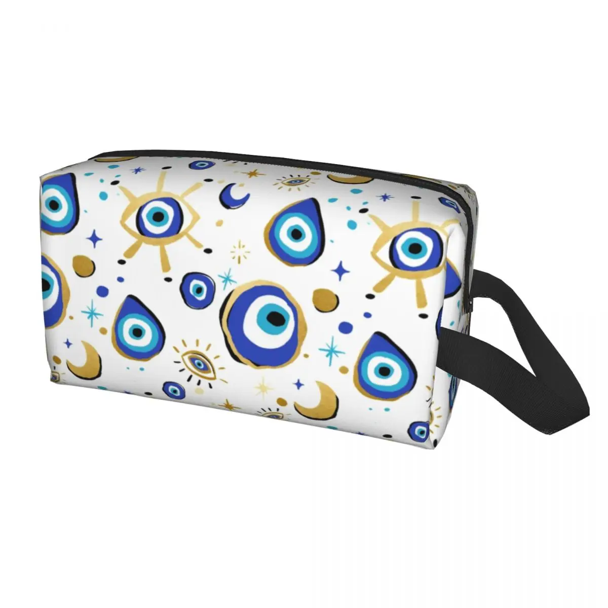 Mediterranean Blue And Gold Evil Eye Travel Cosmetic Bag for Hamsa Nazar Amulet Boho Toiletry Makeup Organizer Storage Dopp Kit