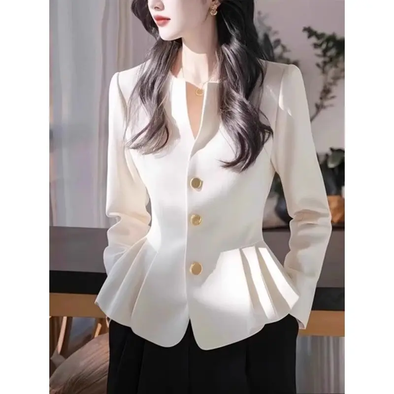 

Elegant Women Shirt With Ruffles And Single Breasted Design For Office Wear In Spring Autumn Season