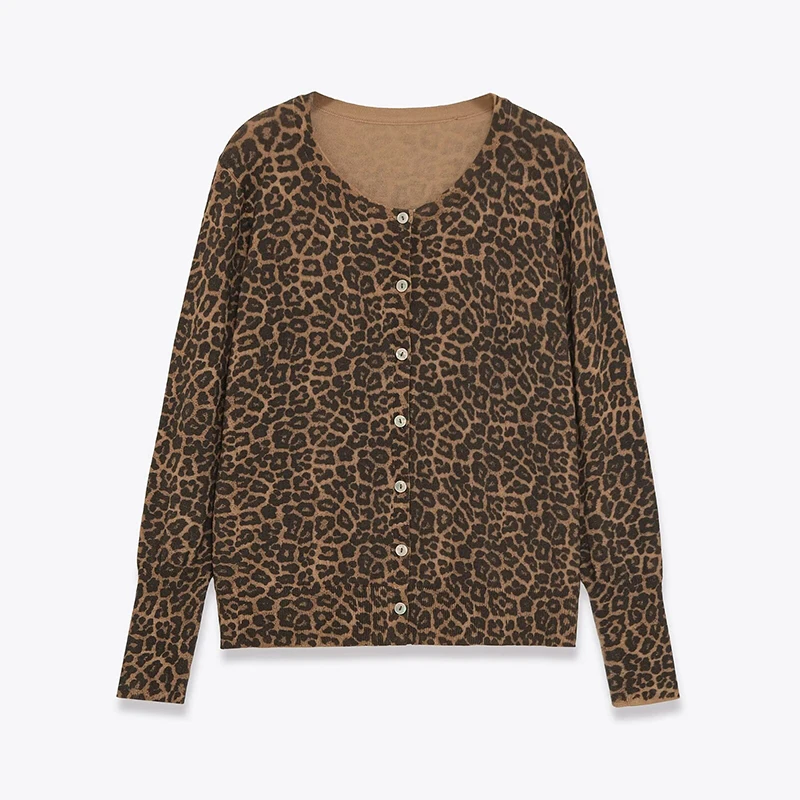 

Vintage Animal Print Knit Cardigan For Women Front Button Long Sleeve O Neck Casual Outerwear Spring Autumn Tops