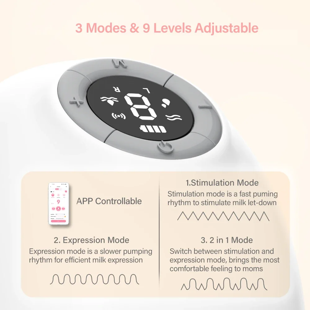 مضخة الثدي الكهربائية المحمولة ذات الجانب المزدوجة القابلة للارتداء، التحكم في التطبيق، مضخات الحليب بدون استخدام اليدين لتغذية الطفل