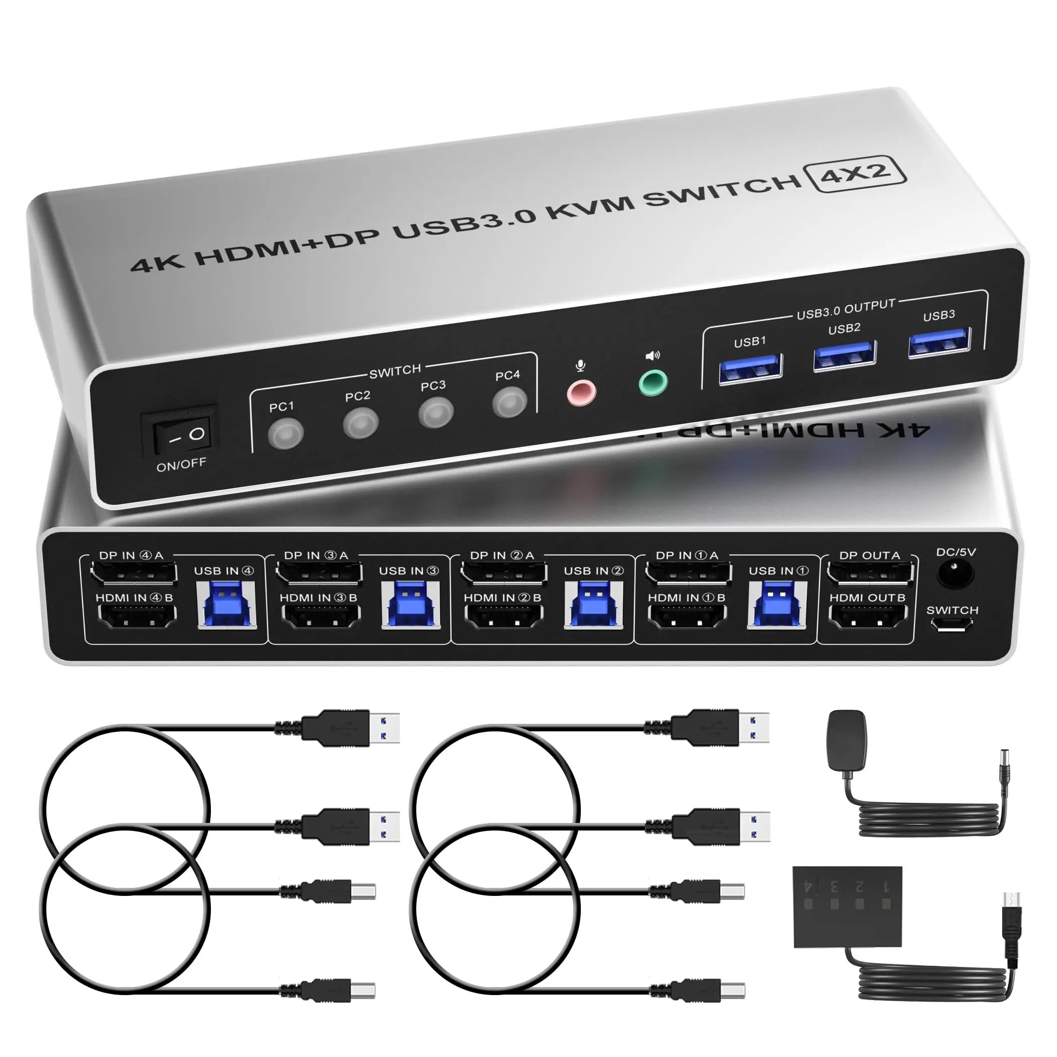 

USB Displayport HDMI KVM Switch 2 Monitors 4 Computers,4K@60Hz Dual Monitor KVM Switch for 4 PC, with Audio Mic