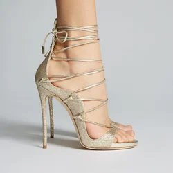 Summer's new round-toe open-toe cross-tie waterproof platform sandals high-heeled banquet dress customized large size women shoe