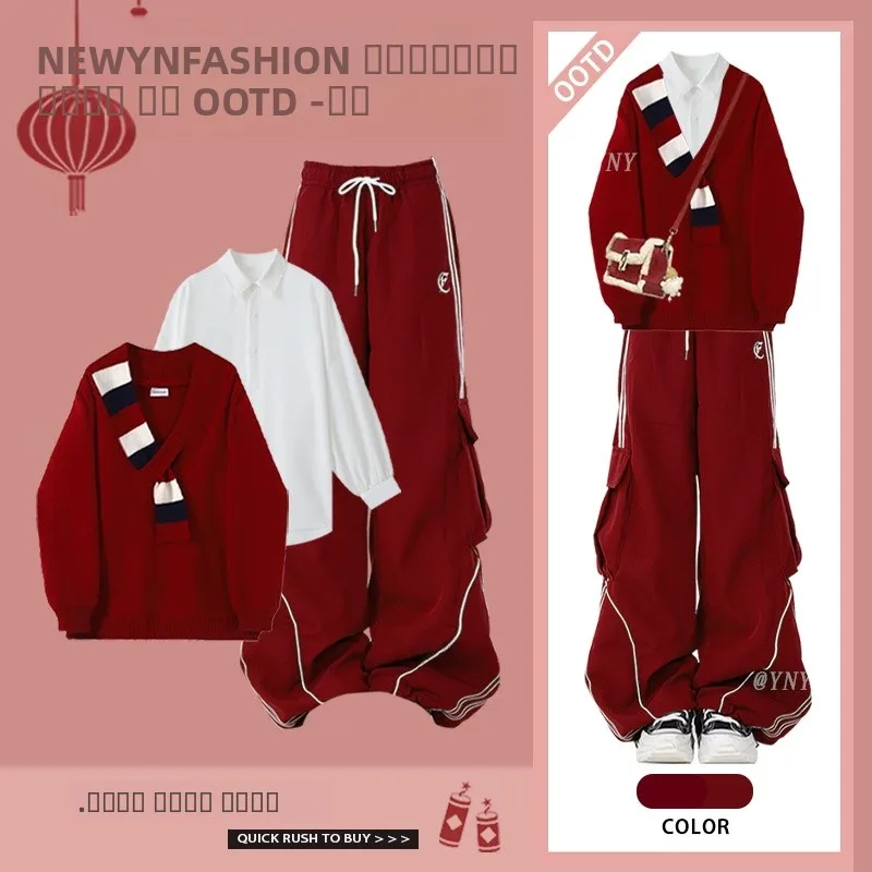 

Red Knitted Sweater Base irt Casual Pants Tee Piece Set Winter Faion Women's New Year's Aosphere Sensation Ensemble