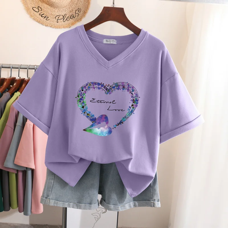 

100% Cotton L-6XL T Shirt Plus Size Tshirt Short Sleeve Women Top Summer Heart Print Couple V Neck Oversized T Shirts