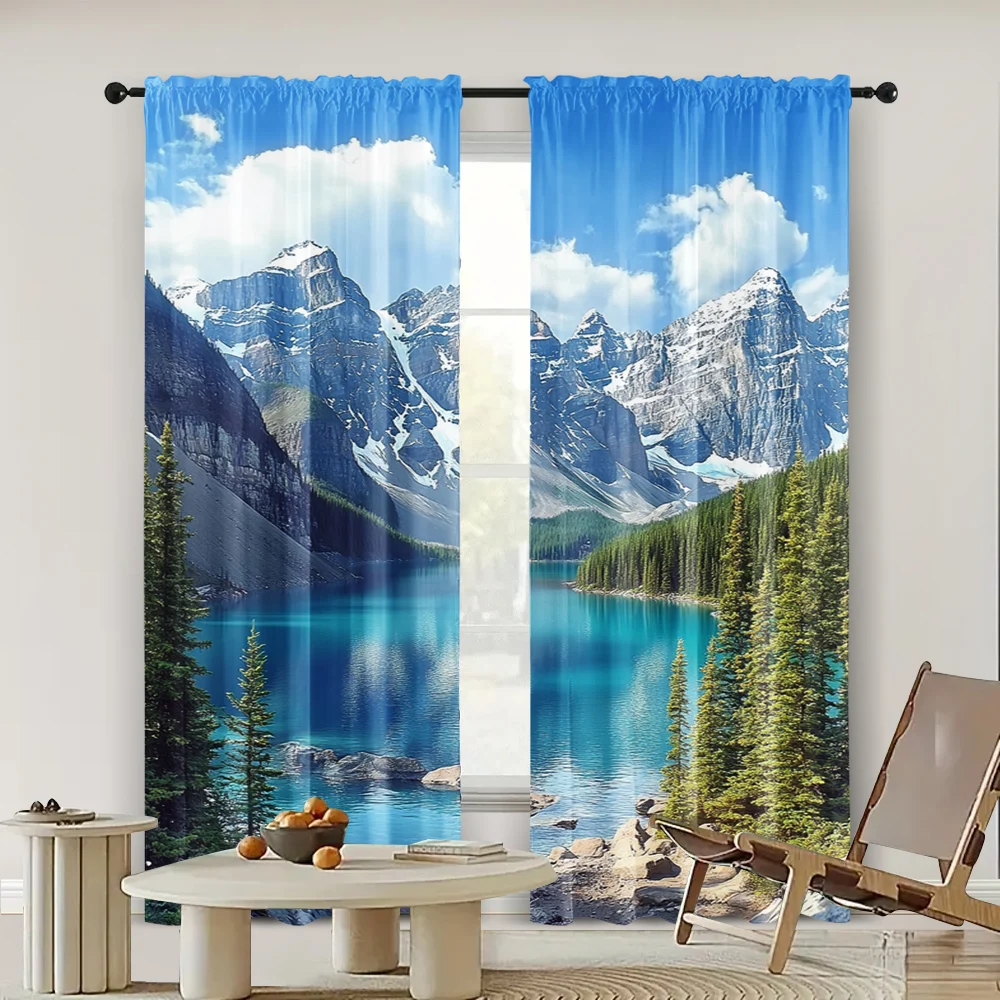 2pc,  Window Curtains Canadian Rocky Mountain Pine Forest Nature Versatile Polyester,Without Electricity Festive Backdrops for