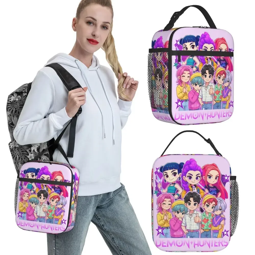 Huntrix Girlgroup K-Pop Group شيطان الصيادين حقيبة الغداء صندوق الغداء لطيف لمكتب الطفل حقيبة للحفاظ على البرودة المحمولة أكسفورد حمل أكياس الغذاء #3