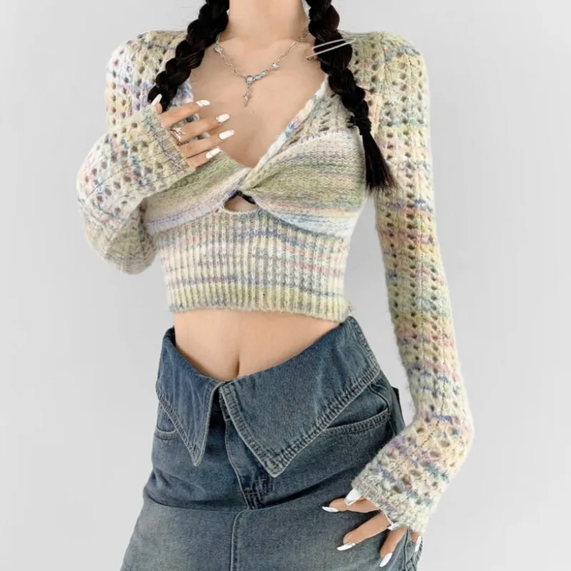 

Autumn Spring Knitted Shirts Women Crop Tops Pullovers Fashion Female Long Sleeve V-neck Skinny Elastic Sexy Thin Sweaters