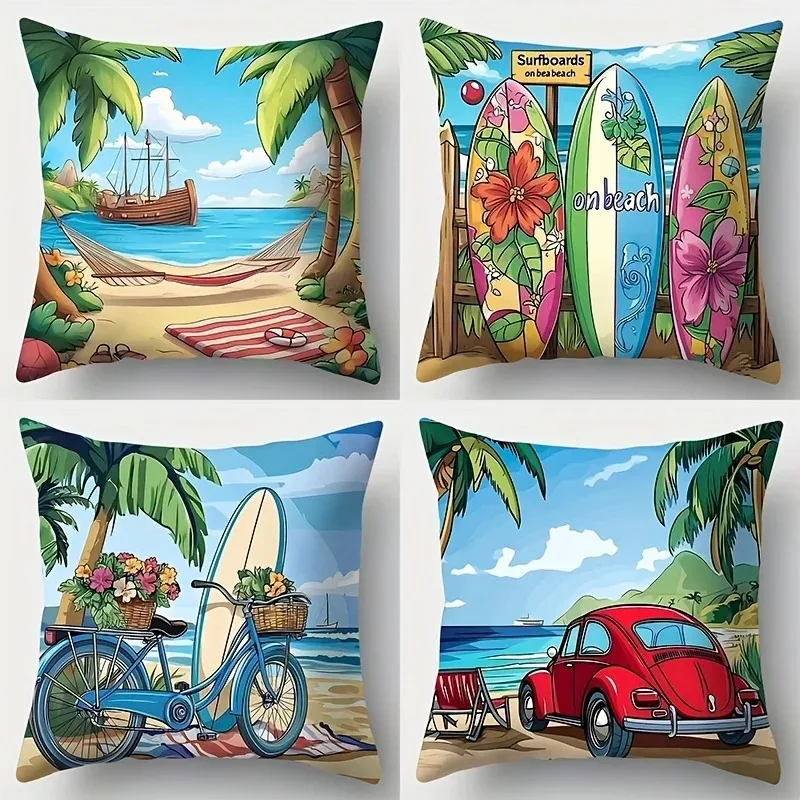 Beach Scenes: Sailboat, Surfboards, Bicycle, Car Pattern Cushion Cover Suitable For Sofa Bedroom Car Pillow Cover
