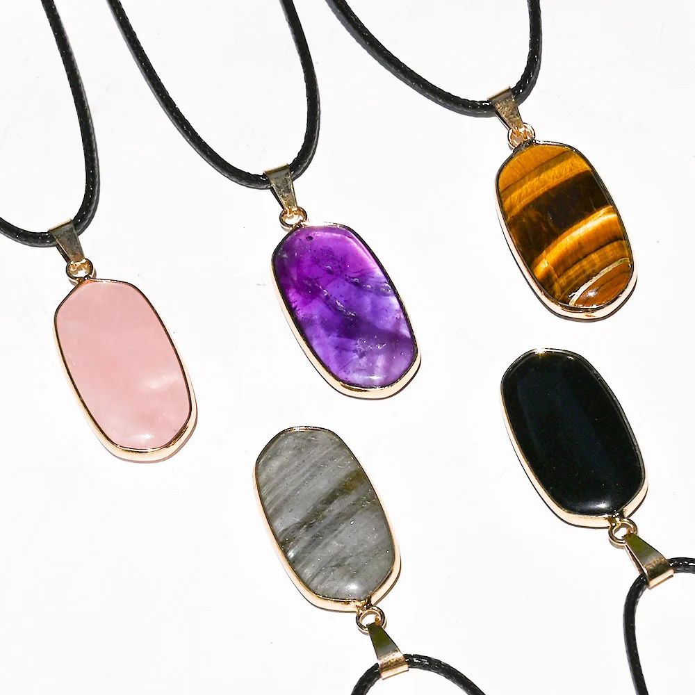 Hexagon Prism Rose Quartz Amethyst Natural Stone Pendant Necklace Unique Simple Jewelry Women Femme Homme Bijoux 30x16mm