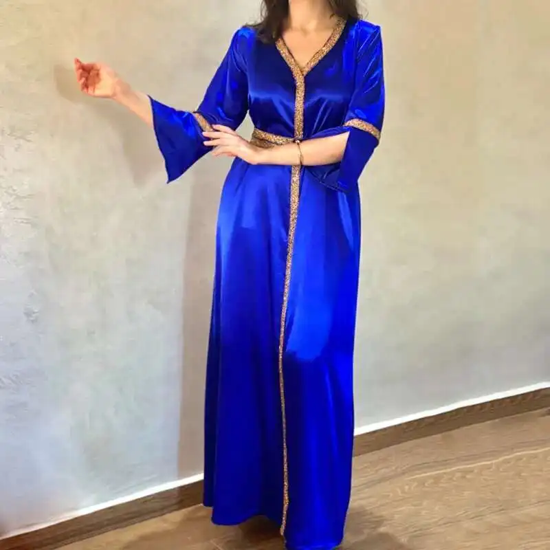 

Women's Blue Hot Diamond Lace Up Dubai Robe Abaya Dress 2025 Muslim Long Dress Robe Abaya Ramadan Dubai Luxury Islam Elegant