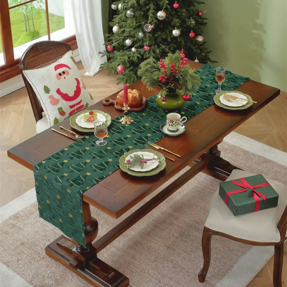 

Plush Embroidered Christmas Tree Table Runner Rectangular Embossed Design Christmas Table Cover Long Dining Tablecloth