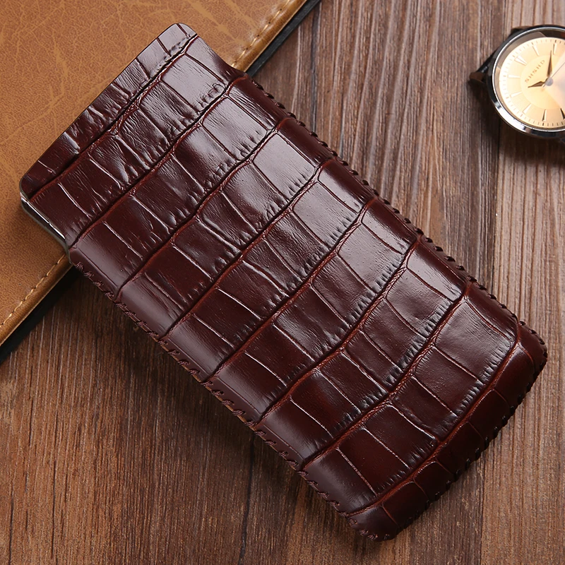 Real Leather Pull Sleeve Pouch Phone Case for iPhone X XR XS 11 12 13 Pro MAX Genuine Cowhide Crocodile Grain Wallet Bags